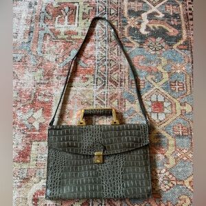 Vintage Sudhaus Olive Green Croc Embossed Leather Portfolio bag